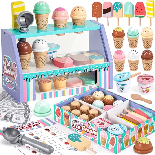Image of Toyssa Wooden Ice Cream Toys Play Set for Toddlers 3-5, Pretend Play Store Kids Kitchen Accessories with Scoop & Menu & Play Money, Christmas Birthday Gifts for Girls Boys 3 4 5 6 Year Old