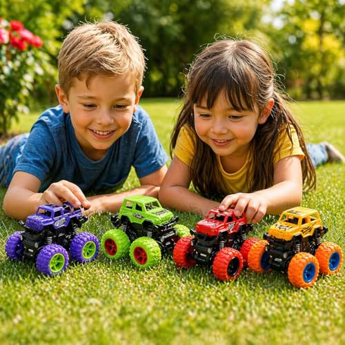 Image of Goyal's 4WD Monster Truck Toy for Kids Friction Powered 4x4 360 Stunt All-Terrain Spin Action Push & Go Off-Road Vehicles Cars Vibrant Colour for Boy Girl (Set of 4 Pcs)