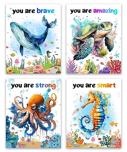 Watercolor Sea Marine life Wall Art,Ocean Animal Inspirational Poster