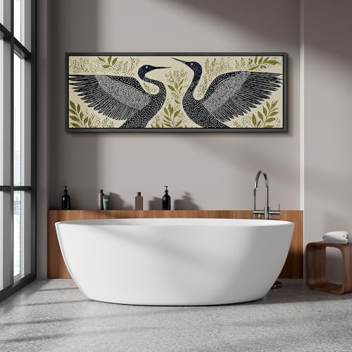 Image of MUDECOR Large Framed Canvas Print Wall Art Modern Crane Birds with Green Botanical Antique Retro Ready to Hang Painting for Living Room Bedroom Multi-Sizes - 60 inchx20 inch