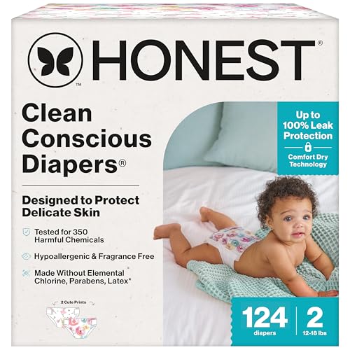 Image of The Honest Company Clean Conscious Diapers for Sensitive Skin | Hypoallergenic, Fragrance Free | Girl Prints | Super Club Box, Size 2 (12-18 lbs), 124 Count