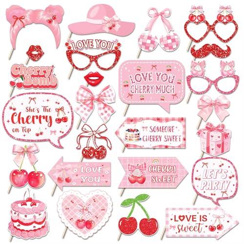 25Pcs Cherry Photo Booth Props with Stick, Pink Bow Theme Selfie Props, Cherries Birthday Party Baby Shower Supplies, Photography Backdrop Decorations