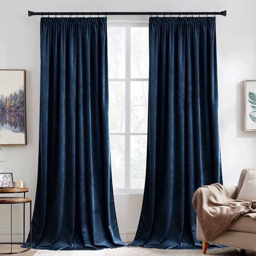 PONY DANCE Navy Blue Velvet Curtains Pencil Pleat Curtains - 1 Pair of Thermal Luxury Velvet Drapes Elegant Home Decor Window Treatments for Living Room/Bedroom, 52x90 Inch