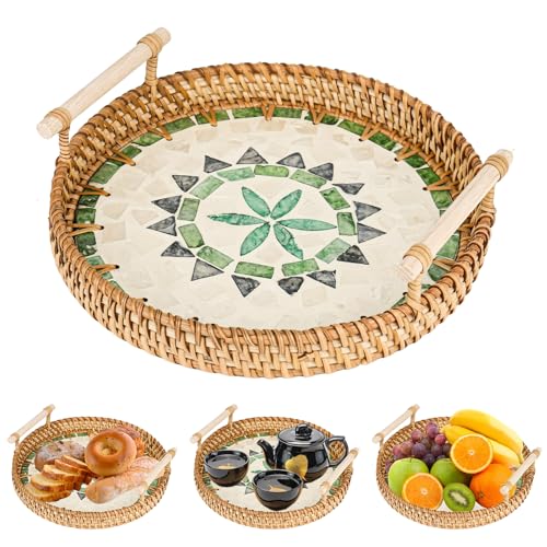 Rattan Serviertablett mit Griffen, Handgewebtes Küchentablett Deko...