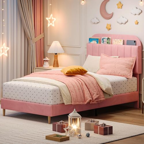 GarveeHome Full Bed Frame with Storage Headboard, Velvet Upholstered Platform Bedframe for Kids, Girl Bed, Strong Wooden Slats, Noise-Free, Easy Assembly, No Box Spring Needed, Light Pink