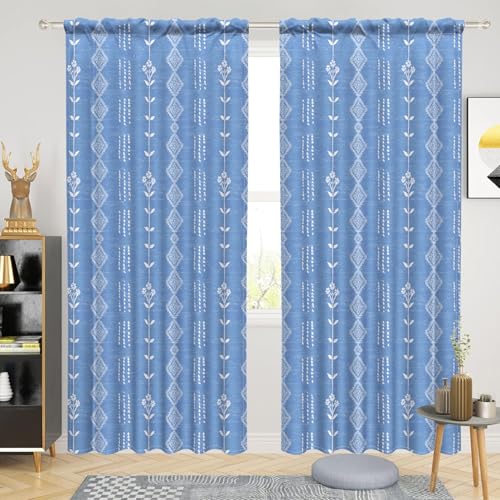 Renaiss 53 x 84 Inch Blue Boho Kitchen Curtains Tier Linen Striped Geometric Cafe Short Curtains Bohemian Light Filtering Curtain Rod Pocket Farmhouse Retro Small Drapes for Bathroom RV 2 Panels