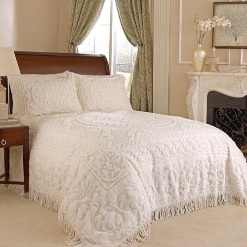 Generic King Size 100% Cotton Chenille Bedspread in White Ivory Light Beige Ecru with Fringe Sides