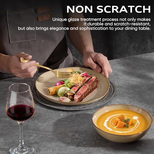 Joyfair Dinner Set, 12 Pieces Stoneware Dinnerware Set Service for 4, Reactive Glaze Irregular Shape Plates and Bowls, Chip & Scratch Resistant, Microwave & Dishwasher Safe, Sandy Khaki - Image 5