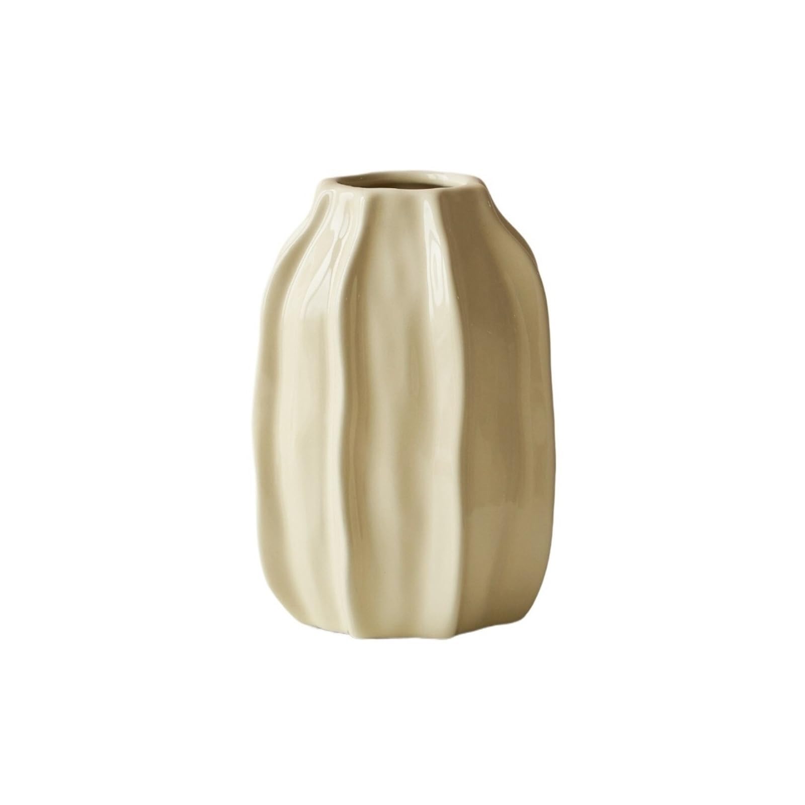 guiling-1986 Vases Decor Cream Beige Fluted Ceramic Vase Glossy Vertical Ribbed Decorative Vessel Flower Vases(Small)