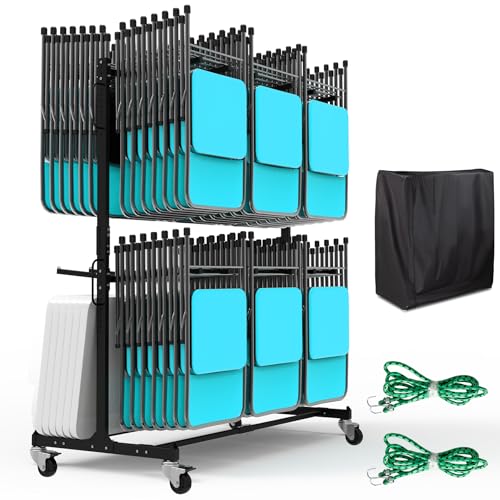 Eastrexon Updated Folding Chair Rack Heavy-Duty Folding Chair Cart w/ 4 Swivel Wheels Holds 12 Tables or 84 Chairs Up to 1000 LBS Capacity 2 Binding Ropes 1 Dust Cover 72L x 33W x 74H Black