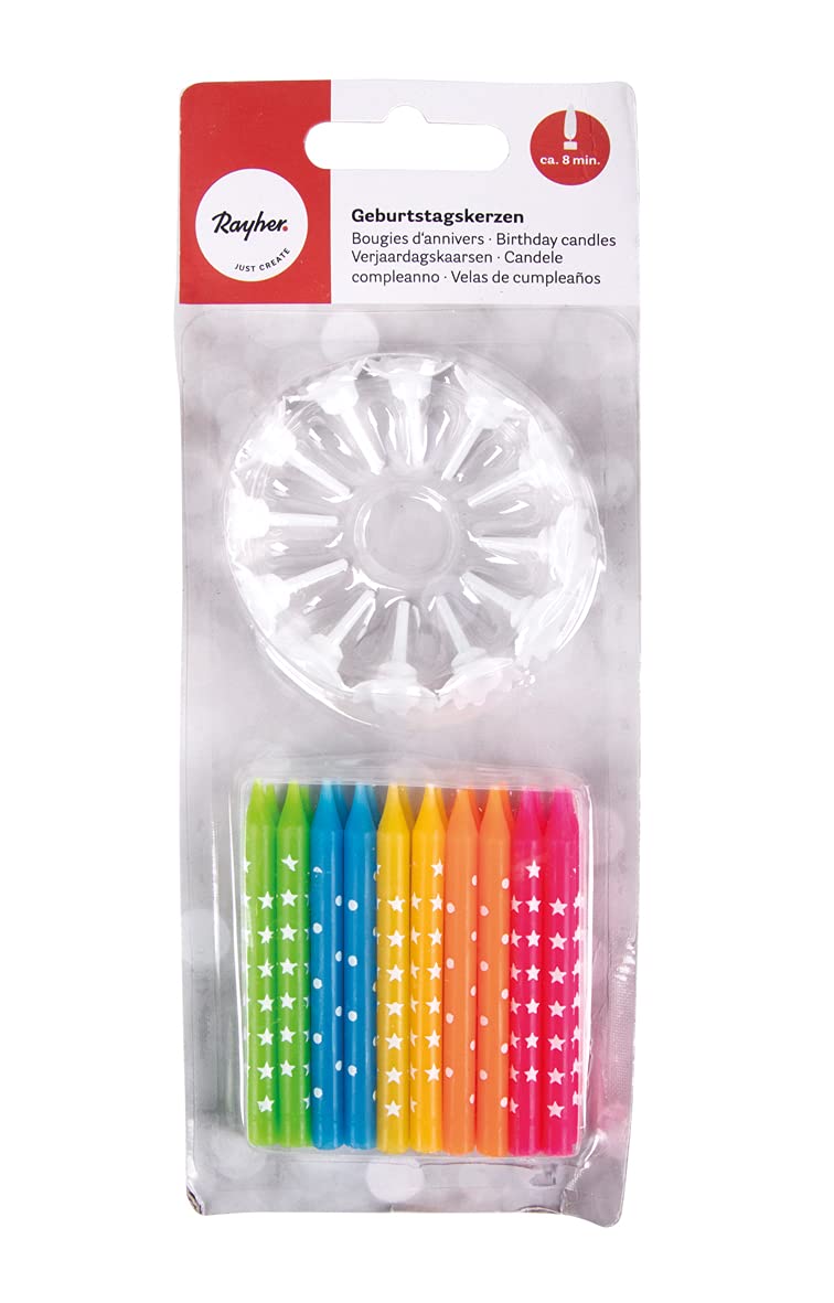 Rayher Birthday candles w.holder,in assort.col., coloured