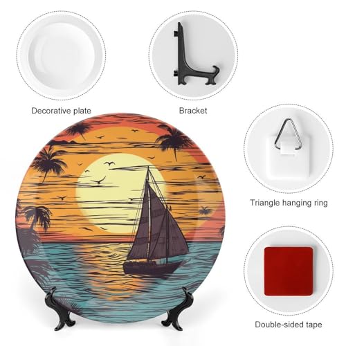 Assiette décorative en céramique avec motif coucher de soleil et support