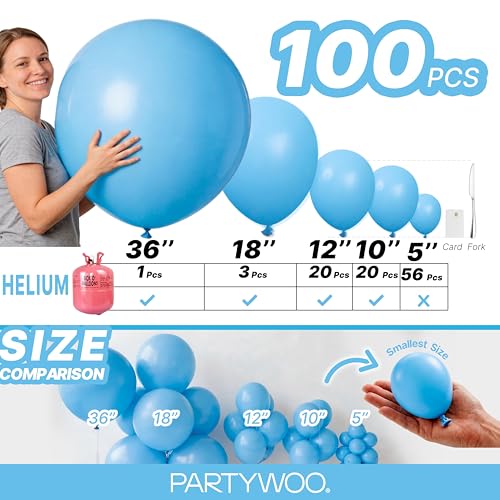 Image of PartyWoo Bright Sky Blue Balloons, 100 pcs Matte Blue Different Sizes Pack of 36 Inch 18 Inch 12 Inch 10 Inch 5 Inch Blue for Balloon Garland Arch as Party Decorations, Blue-Y20