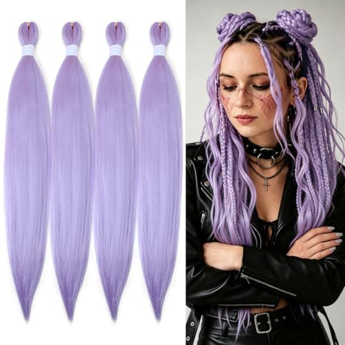 Lavender Braiding Hair Pre Stretched 24 Inch 4 Packs Synthetic Feed in Hair Extensions for Box Braids Twist (24 Inch 4 Packs Lavender)