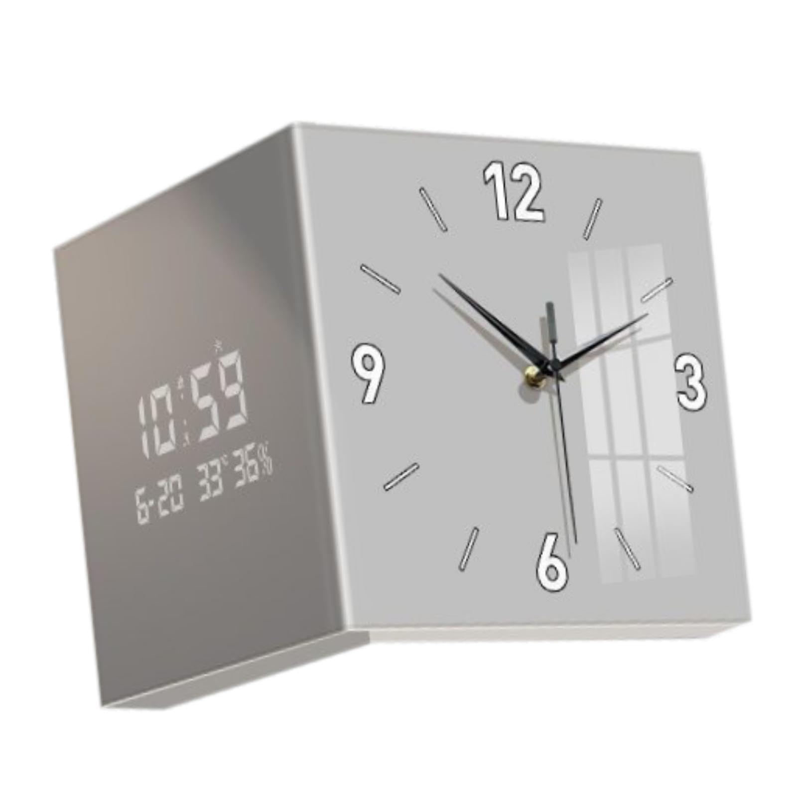 Horloge murale d'angle double face carrée et élément de décoration multifonctionnel gris