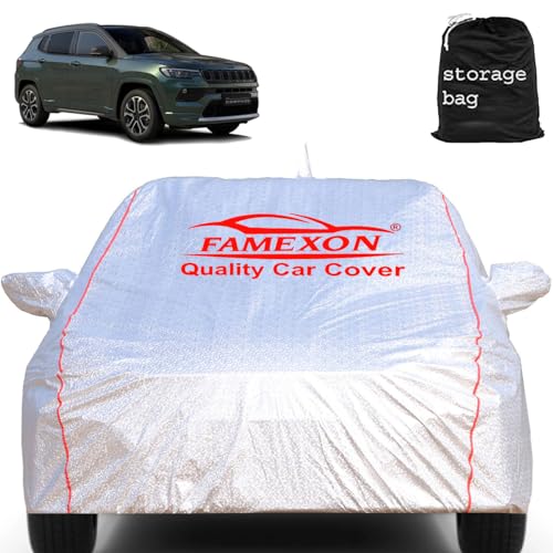 Image of Waterproof Car Body Cover with Mirror Pocket Compatible for Jeep Compass Triple Layer Inner Fabric & Pipein Design Protects from Animals, Heat, Rainfall (Metallic Silver)