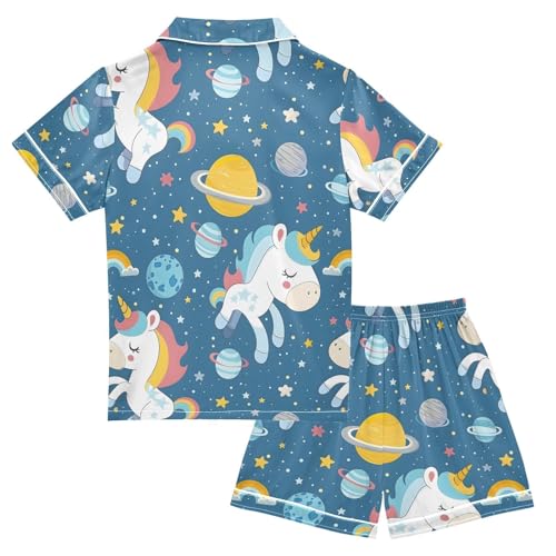 ALAZA Unicorn Star Planet Solar System Pajamas Satin Pajama Set Short Sleeve Button Down Sleepwear2