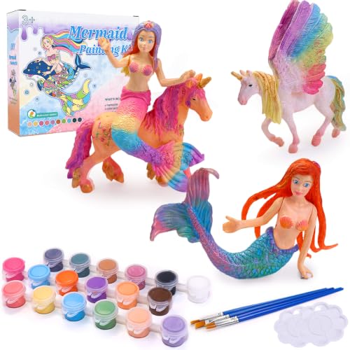 Image of SOLDAY Mermaid Unicorn Paint Kit for Girls - 4 Hairstyles, 4 Figures Set | Includes 2 Mermaid princess, 2 Unicorn figurines for Girls ages 3+, Mix and match hair game for a Ceative craft party gift
