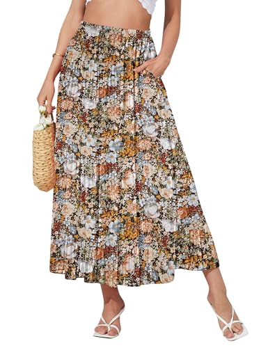 NASHALYLY Women's High Waisted Maxi Skirt,Elastic Chiffon Boho Long Skirt with Pockets(Coffee Floral P,L)