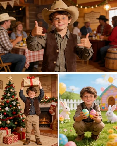 Image of Retro Boys Western Cowboy Vest for Kids Leather Suede Waistcoat | vintage dress vests, welt pockets, v-neck, adjustable waist, formal slim fit, wedding outfit, farm christmas birthday prom