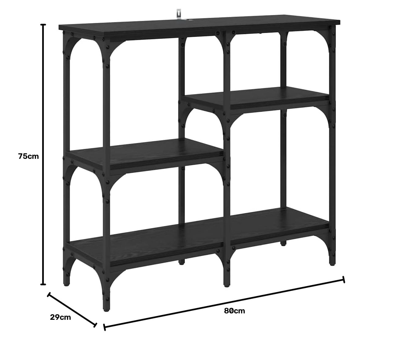 Wąski stolik konsolowy z 3 półkami, wygląd czarnego dębu, 80 x 29 x 75 cm, materiał drewnopochodny i metal, industrialny wygląd, do salonu i korytarza, wszechstronne miejsce do przechowywania