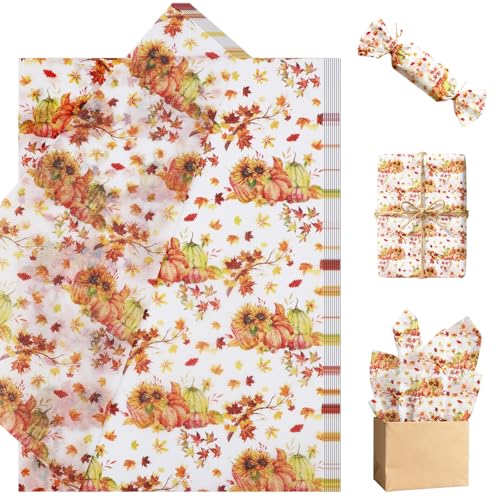 100 Sheets 20 x 14 Inch Fall Pumpkin Maple Leaf Tissue Paper for Gift Wrapping Thanksgiving Vintage Gift Wrapping Paper Birthday Party Baby Shower Wedding DIY Art Craft Supplies