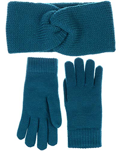 Winter Solid Toasty Warm Fleece Lined Knit Gloves & Headband 2 Piece Set (Teal)