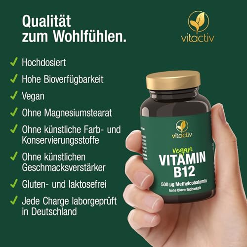 VITACTIV Vitamin B12 Tabletten Hochdosiert - 180 Stk für 180 Tage - Bioaktives Methylcolabamin, Vitamin B12 500µg - Hohe Bioverfügbarkeit, Vegan, kein Magnesiumstearat, Laborgeprüft in Deutschland