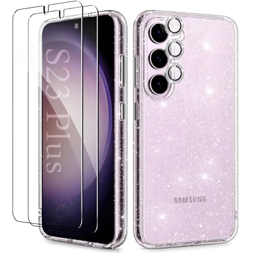 Image of KIOMY Glitter Clear Case for Samsung Galaxy S23+ [S23 Plus] with Diamond Sparkle Camera Lens Protector and 2 Packs Tempered Glass Screen Protectors Sparkly Bling Girl Women Shockproof Protective Cover