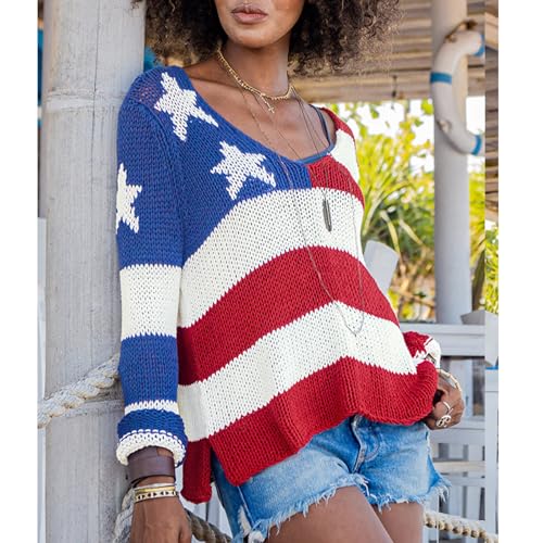 Image of Women American Flag Sweater Loose Vintage USA Sweatshirt Long Sleeve Crewneck Hollow Out 4th of July Jumper