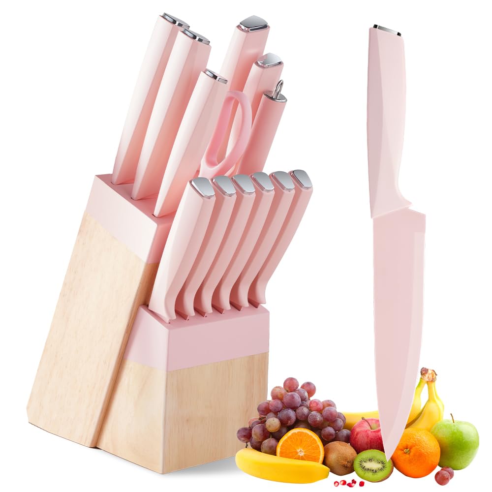 14-teiliges Messerset, Küchenmesser Set mit Messerblock und Wetzstahl – Edelstahlmesser, Mit Ergonomischer Griff, Scharfe Messer, Ideal für Haushalt, Profis,Hacken, Schneiden, Würfeln. (Rosa)