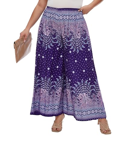 Beautybatik Women Wide Leg Palazzo Pants Plus Size Hippie Bohemian Flora Printed 1X 2X 3X2