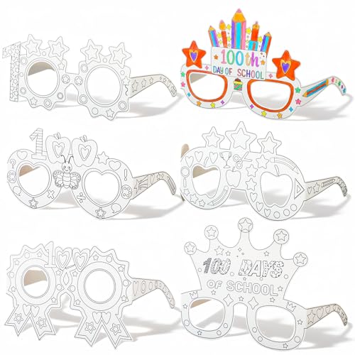 36Pcs 100 Days of School Coloring Glasses -100th Day of School Craft Kit- DIY Paper Party Glasses Decorations for Teacher Students Classroom Activities Ideas Project Party Favors - 6 Designs