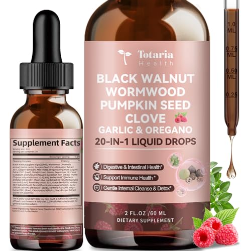 Totaria 20 in 1 Black Walnut Wormwood Tincture - Clove,Pumpkin Seed,Garlic,Oregano,Berberine - Gentle Gut Cleanse & Digestive Health - Alcohol-Free,Gut-Friendly -Raspberry Flavor - 2FL