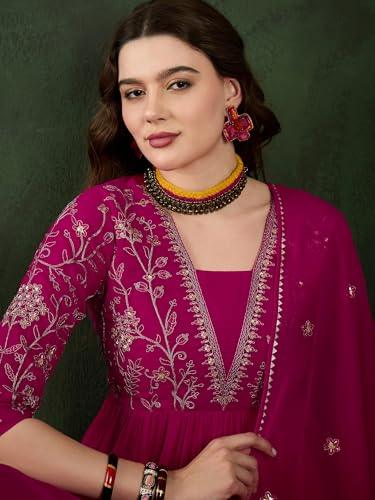 Image of SheWill Kurta Set for Women - Maroon Velvet Zari Sequence Cording Embroidered Kurta with Pant and Cutwork Organza Dupatta