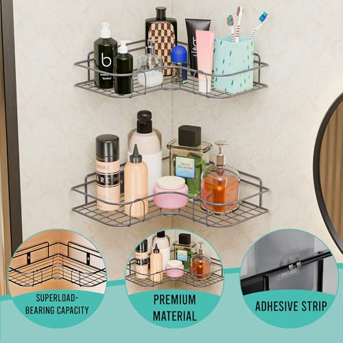 Image of Kuber Industries 4 Pcs Metal Self Wall Adhesive Bathroom Organiser with Drill Screws | Bathroom Corner Shelves /Rack & Stand | Grey