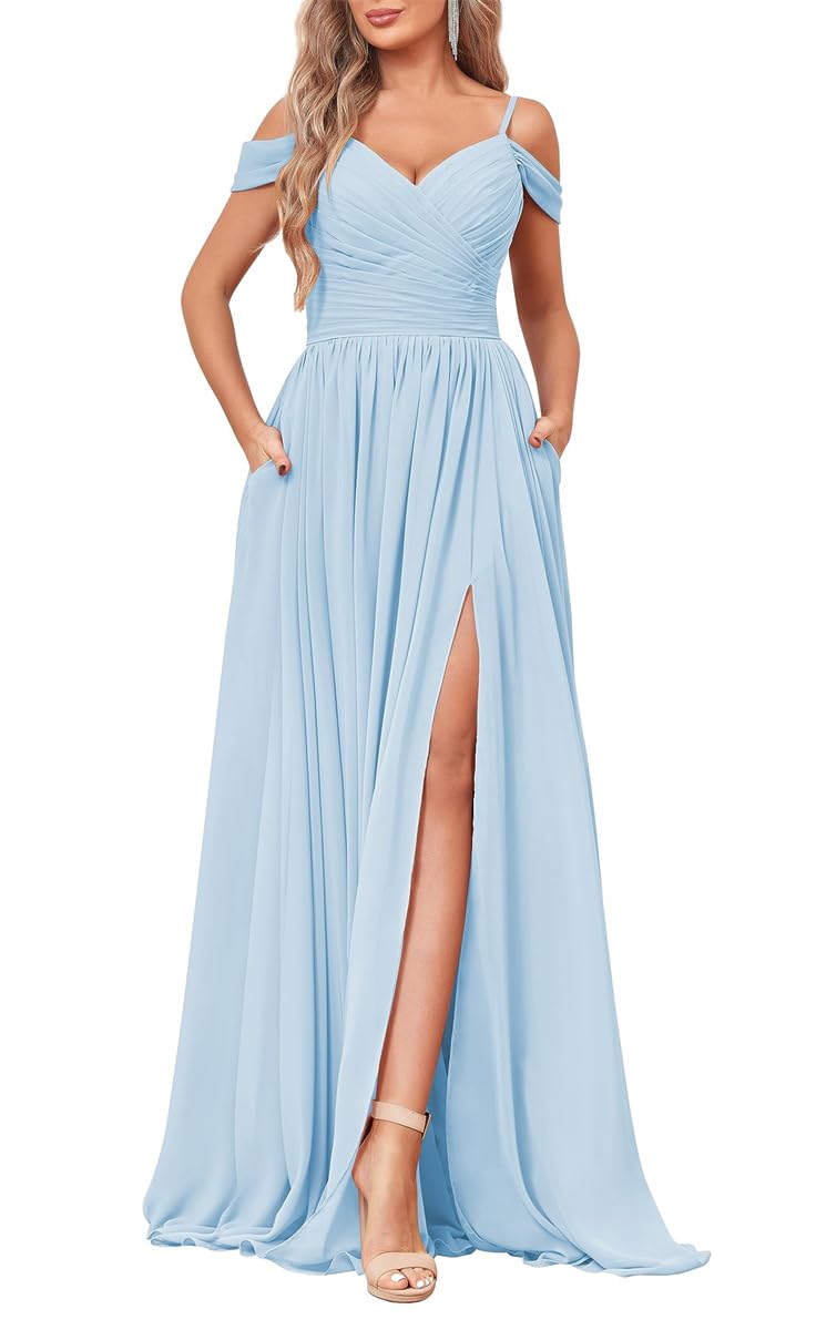Yiann Women's Light Blue Prom Dresses Plus Size Off The Shoulder Bridesmaid Dress With Slit Ruched Long Formal Gown Uk26