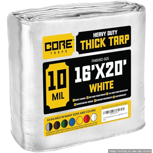Core Tarps Heavy Duty 10 Mil Tarp Cover, Waterproof, UV Resistant, Rip and Tear Proof, Poly Tarpaulin with Reinforced Edges for Roof, Camping, Patio, Pool, Boat (White 16 X 20)