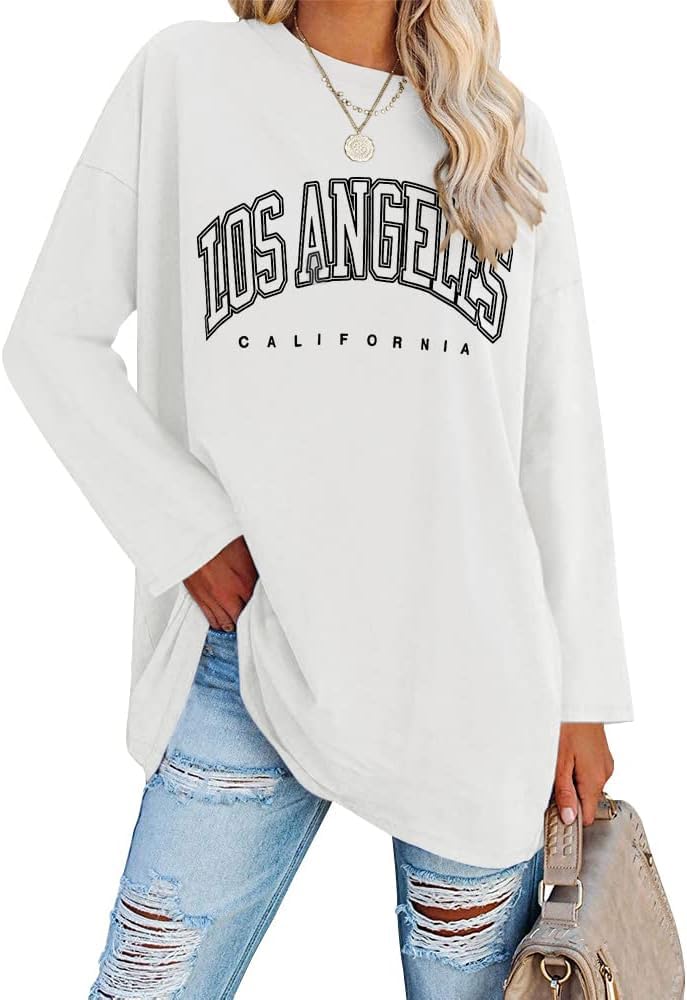 Ebifin Oversize T Shirt Damen Vintage Kurzärmeliges Rundhals Los Angeles Oberteile Tops Casual Lockere Basic Sommer Tee Shirts Bluse.