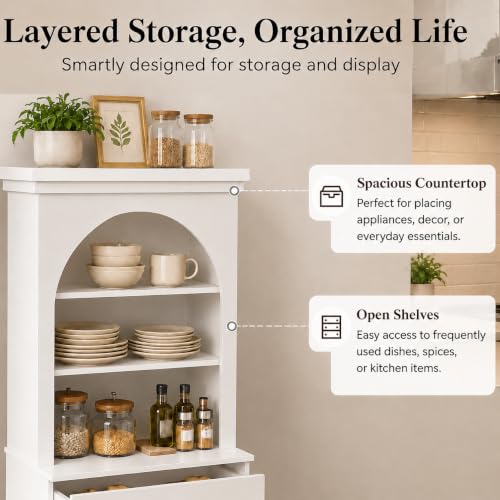 Image of ivaniti 71 inch Arched Kitchen Pantry Cabinet Set of 3 with 9 Drawers, White Freestanding Storage Hutch with Open Shelves and Gold Handles for Kitchen, Dining Room