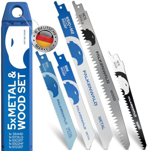 FALKENWALD Säbelsägeblätter Set 5tlg Holz & Metall - 152 & 228 mm | Säbelsägeblätter Set & Sägeblätter Säbelsäge - 5 Blätter für Holz und Metall, Universalschaft