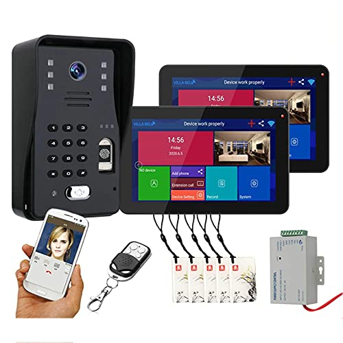 Timbre con Video WiFi, Desbloqueo de la aplicación de Control Remoto con contraseña de Huellas Dactilares, Videoportero de 9 Pulgadas, Intercomunicador, Cámara de visión Nocturna + 2 Monitor
