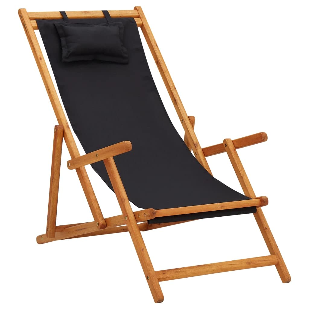 Strandstuhl Klappbar aus Massivholz Eukalyptus mit Stoff Schwarz 3-Fach verstellbar Gartenstuhl Balkonstuhl Terrassenstuhl Campingstuhl Relaxstuhl Outdoor leicht transportierbar