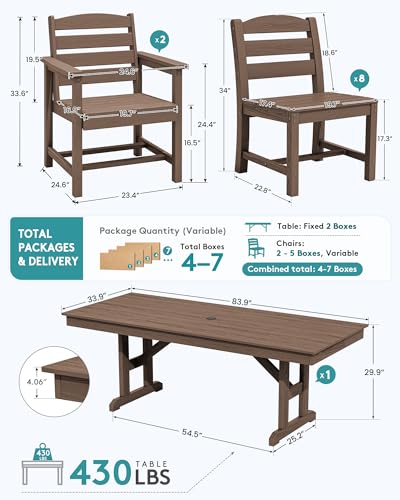 Image of SERWALL 9 Piece 84 inch HDPE Outdoor Dining Set with 6 Armless Chairs, 2 Armchairs and Umbrella Hole for 8, Brown