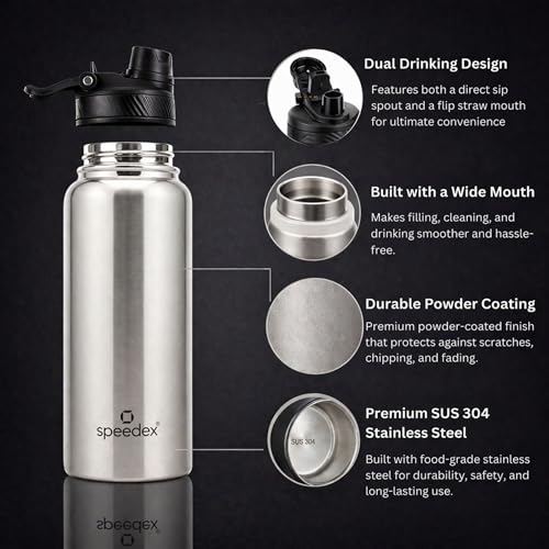 Image of Speedex Vacuum Insulated Stainless Steel Water Bottle 1 Litre (1000ml / 1L / 1 LTR) with 2-in-1 Lid (Straw & Spout), Hot & Cold Leakproof Thermosteel Travel Flask for Office, Gym & School (Silver)