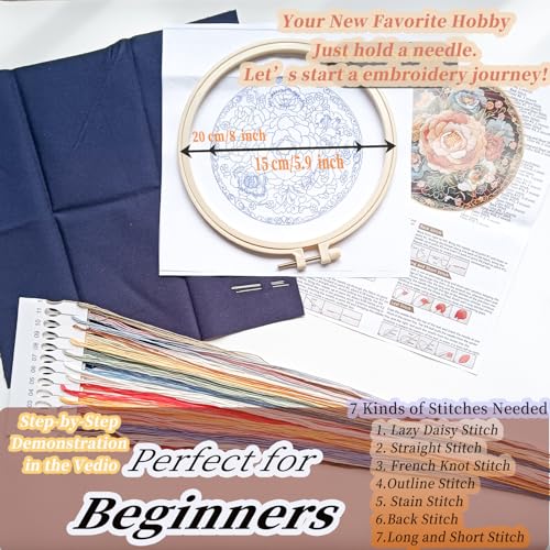 Image of FONNUY Floral Embroidery Kit, Cross Stitch Kits for Beginners, Handmade Crafts with Printed Patterns for Beginner Adults, Easy to Follow Color Thread Needlework, 8'' Hoop (Vibrant Flowers)