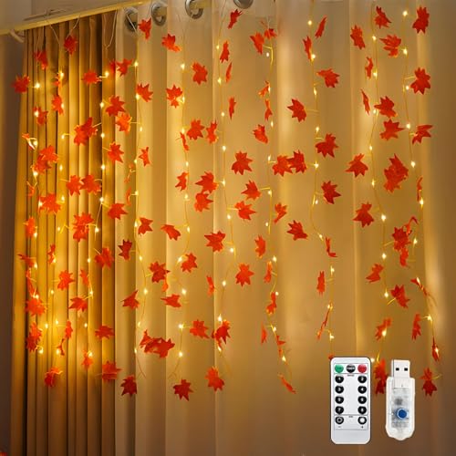 Lichterkette Herbst Herbstdeko 100LED Ahornblätter Lichtervorhang mit Timer und Fernbedienung USB 8 Modi Herbst Lichterkette Ahornblatt Lichtervorhang Innen für Halloween Erntedankfest Herbst Deko