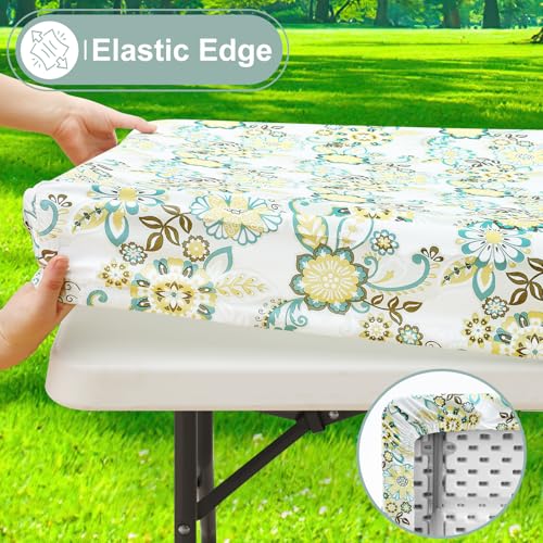 Image of misaya Picnic Table Cover with Bench Cover, Waterproof Elastic Fitted Tablecloth for 5 Foot Tables, Rectangle Washable Polyester Tablecloths for Picnic, Camping, Outdoor (Paisley Flower, 30 inch x 60 inch)