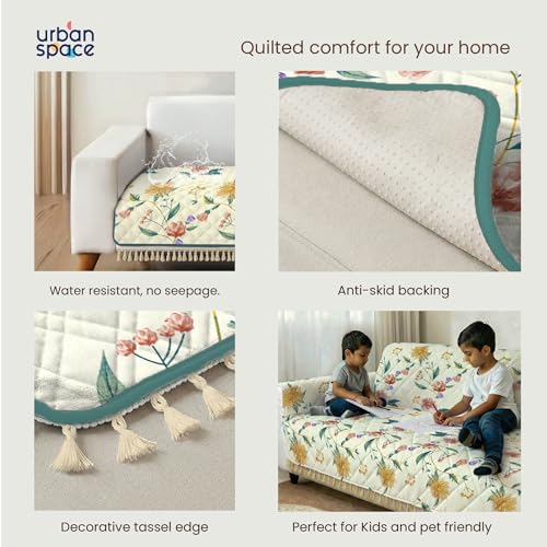 Image of Urban Space 1 Seater Microfiber Quilted Sofa Cover mat with Tassels, Non-Slip Sofa Protector, Easy Care & Machine Washable Cover, Sofa Seat Runner for Couch for Living Space (1 Seater - Petal pop)