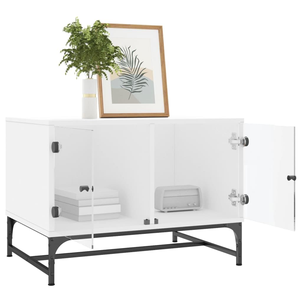 Homgoday Tavolino da caffè con ante in vetro, bianco, 68,5 x 50 x 50 cm, tavolino da tè per soggiorno, sala d'accoglienza degli ospiti, camera da letto e mobili da ufficio